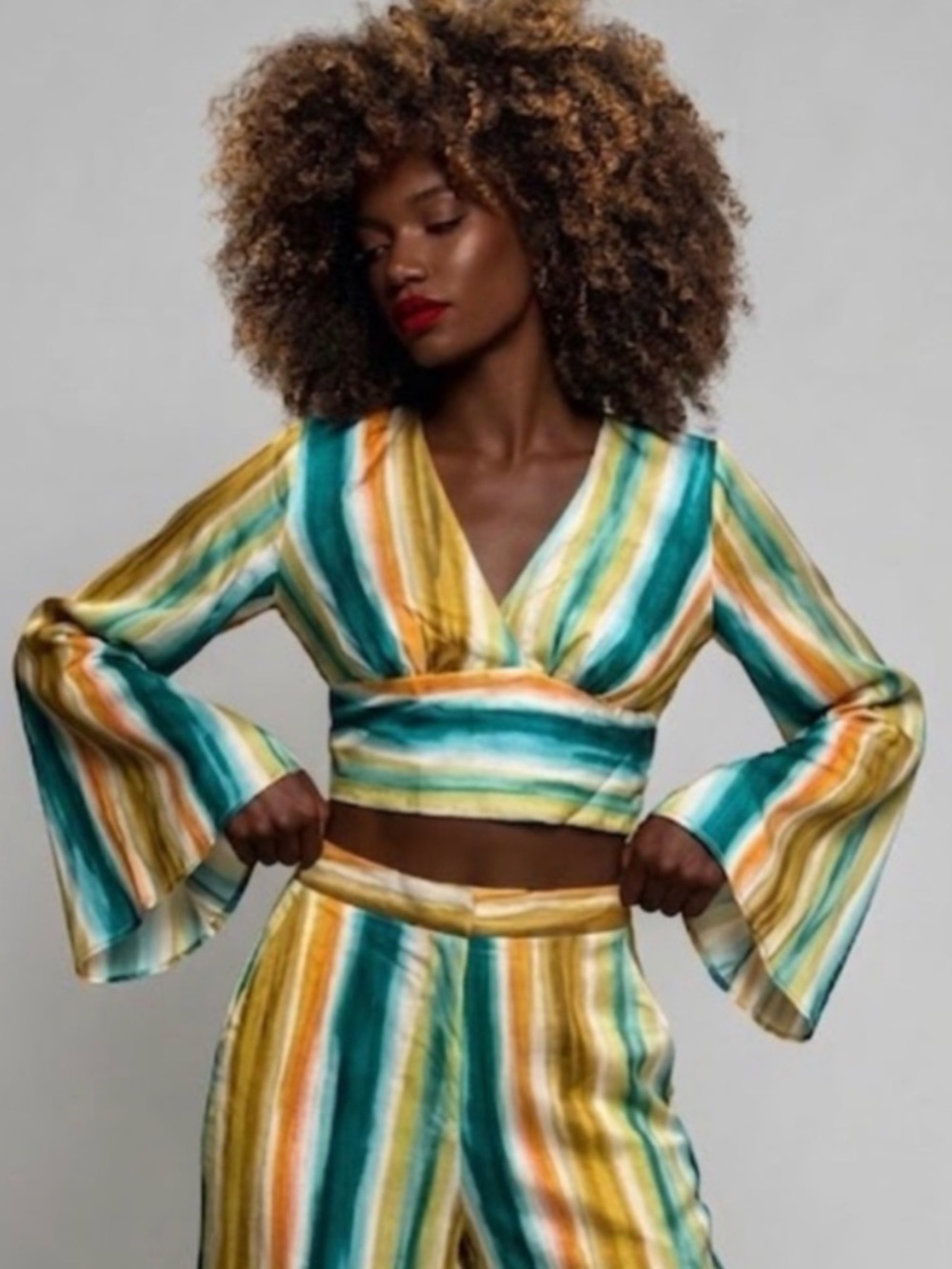 ZARA NWT Satin Striped Crop Top • XS • Retro Summer Bell Sleeve